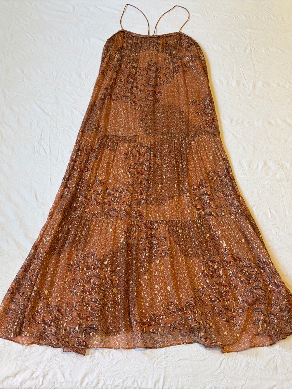 Ba&sh Odette Metallic Gold Orange Tiered Flowy Maxi Dress Size Women’s Large